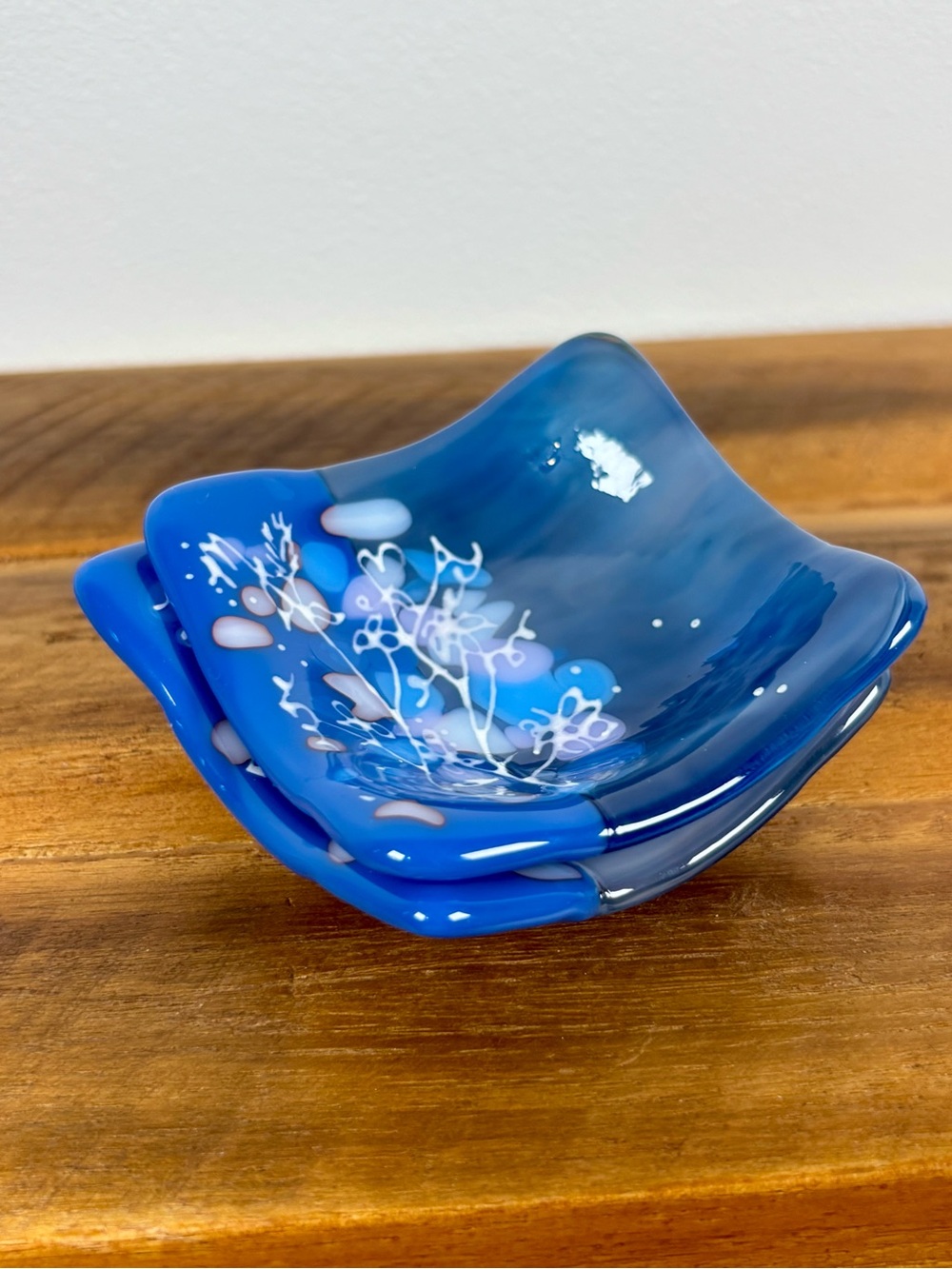 Handcrafted square blue floral design fused-glass trinket ring dishes whimsy art